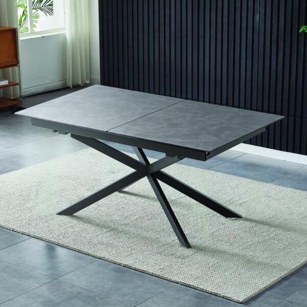 ΤΡΑΠΕΖΙ ΤΡΑΠΕΖΑΡΙΑΣ ΑΝΟΙΓΟΜΕΝΟ Fylliana FL017 ΜΕ ΓΚΡΙ ΚΕΡΑΜΙΚΗ ΕΠΙΦΑΝΕΙΑ ΚΑΙ ΜΑΥΡΑ ΜΕΤΑΛΛΙΚΑ ΠΟΔΙΑ 160(+50)x90x76εκ