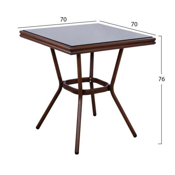 ΤΡΑΠΕΖΙ ΑΛΟΥΜΙΝΙΟΥ HARLOW 70X70X76Υ ΜΕ ΟΨΗ BAMBOO HM5568.03 ΚΑΦΕ ΜΕ ΓΥΑΛΙ